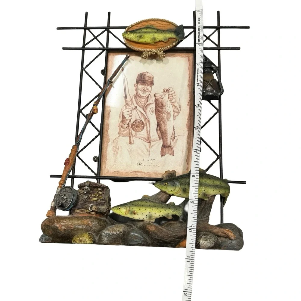 Vintage Rustic Fishing Photo Frame 4x6 Rainbow Trout Fly Rod Cabin Lodge Decor